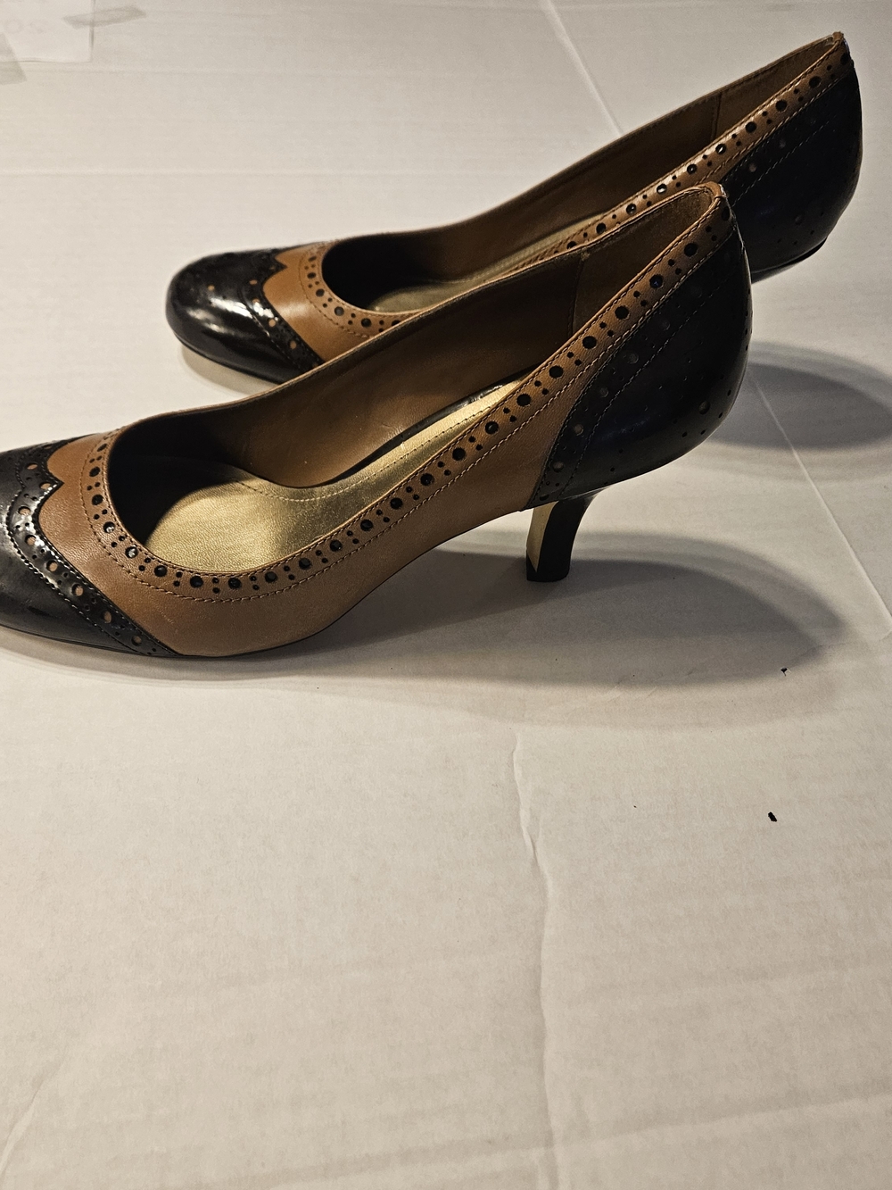 Franco Sarto Two-Tone Brown and Black Brogue Kitten Heels